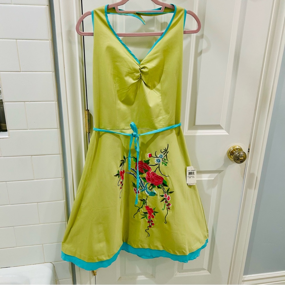 Vintage B. Darlin Lime Green Halter Dress Embroidered Bird Floral A-Line NWT Med - Picture 3 of 12
